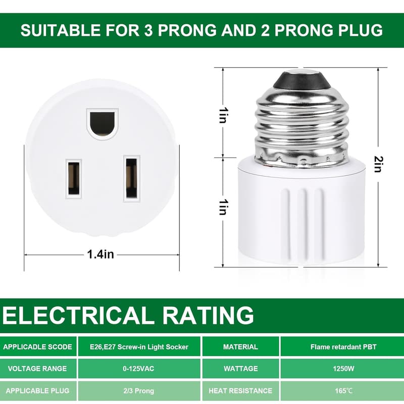 E26 Light Bulb to Outlet Socket Adapter for Garage and Camera