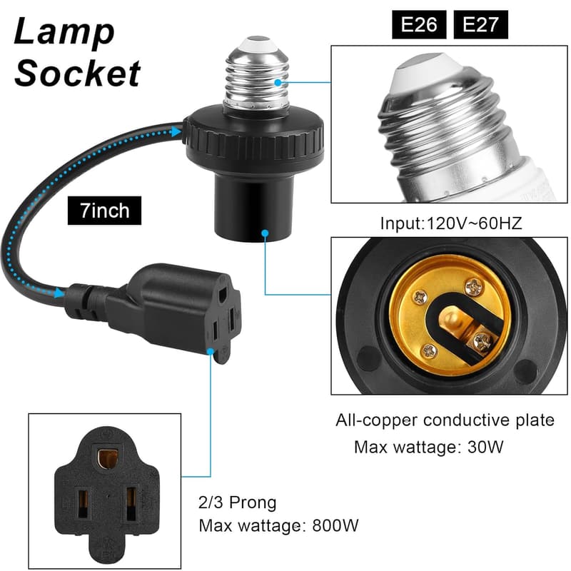 3-in-1 E26/E27 Light Socket Adapter with Extension Cord