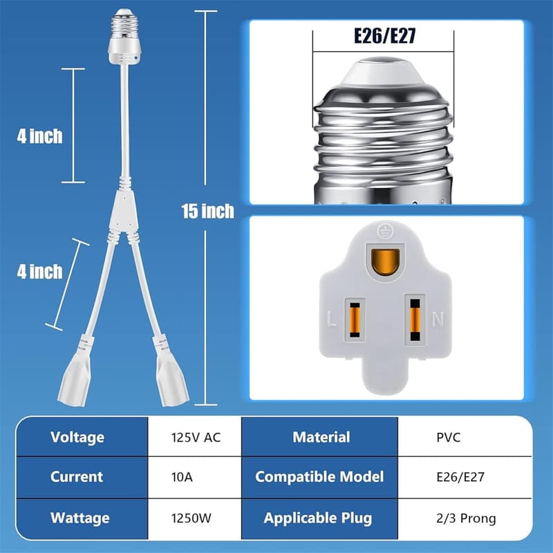 Light Socket to Plug Adapter with 3-Prong Outlet – White