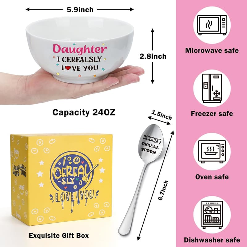 Mother's Day Gift: Funny Cereal Bowl & Spoon Set for Bonus Daughter