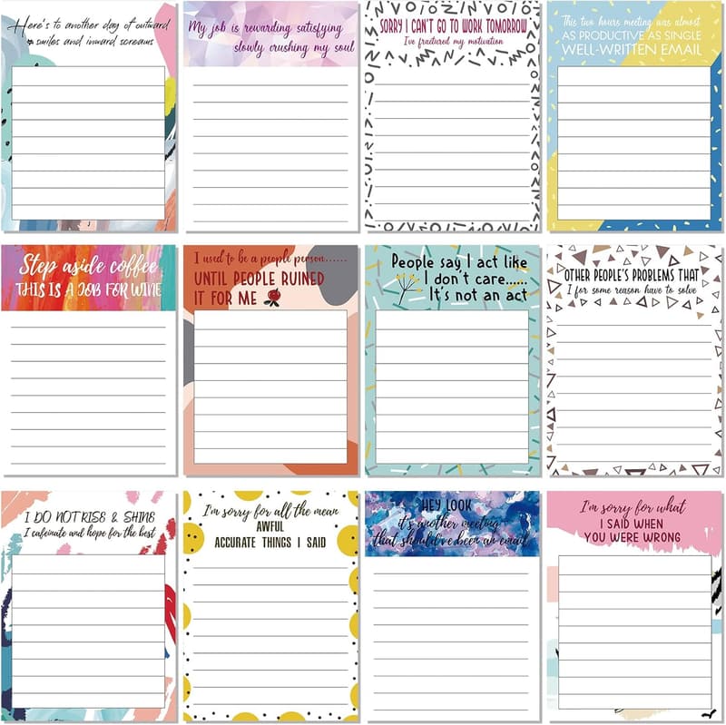 Funny Sticky Notepads for Office – Assorted Sayings (12 Designs)