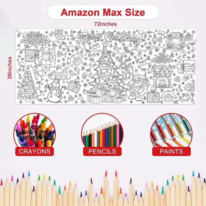 Christmas Giant Coloring Poster Tablecloth for Kids, 30 x 72 Inches