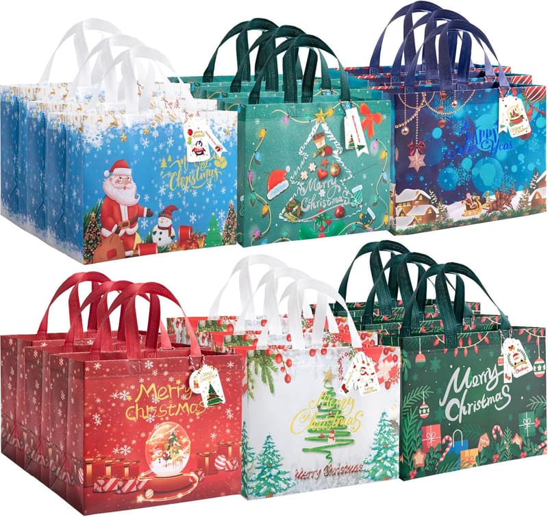 18Pcs Reusable Christmas Bags with Gift Tags - Santa & Snowman