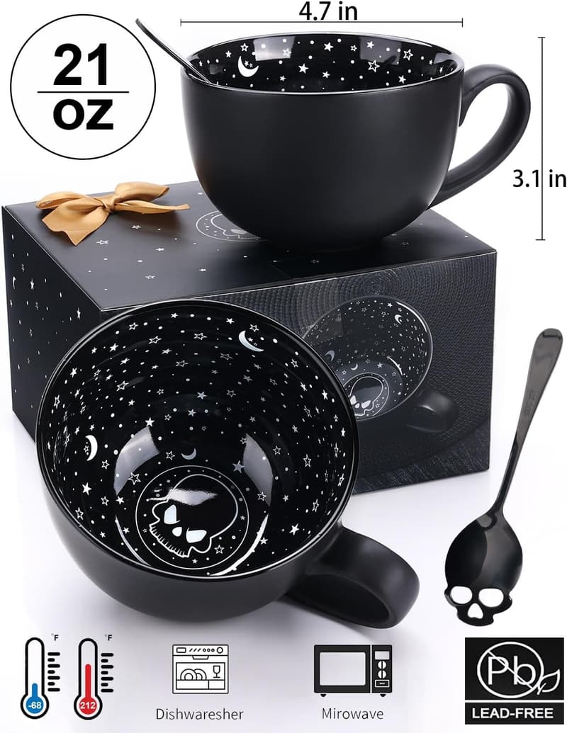 Halloween Midnight Skull Coffee Mugs with Spoons - Spooky Gifts