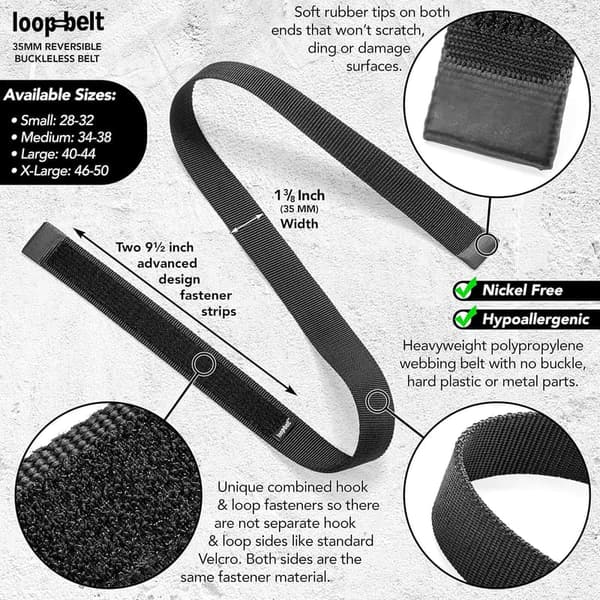 No-Scratch Black Web Belt with Rubber Tips and Hook & Loop Fasteners