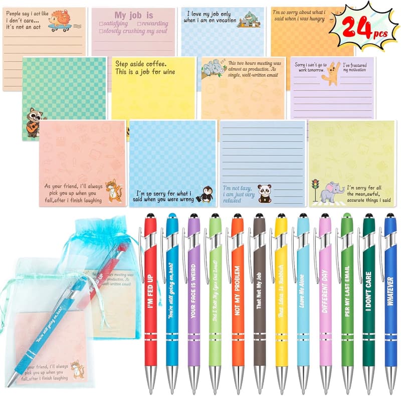 Funny Pens with Sarcastic Sayings & Sticky Notes for Coworkers