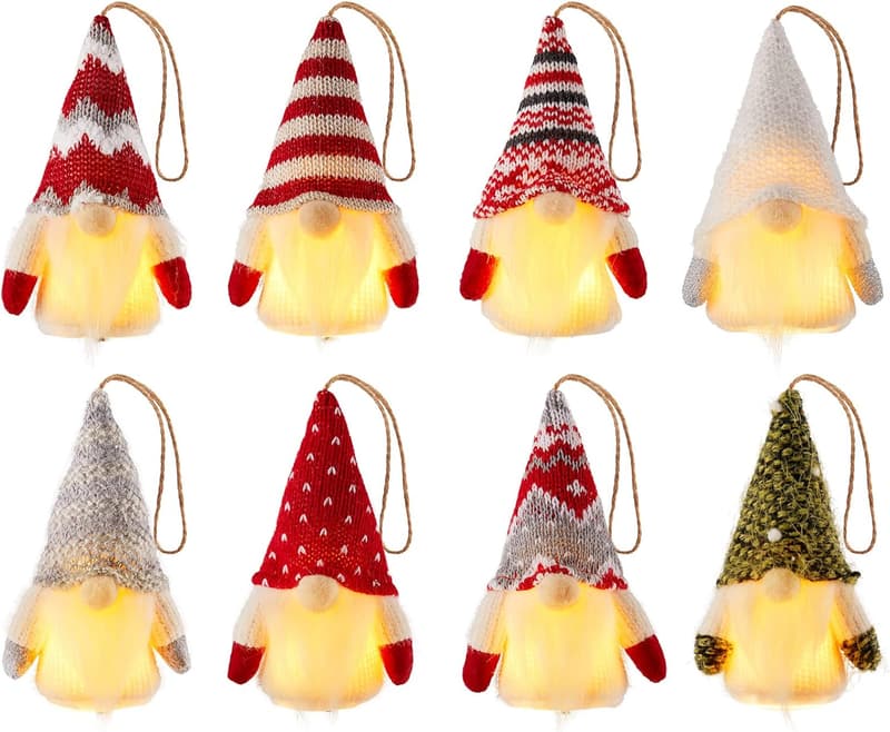 Lighted Gnome Christmas Ornaments - 8 Pack for Coworkers
