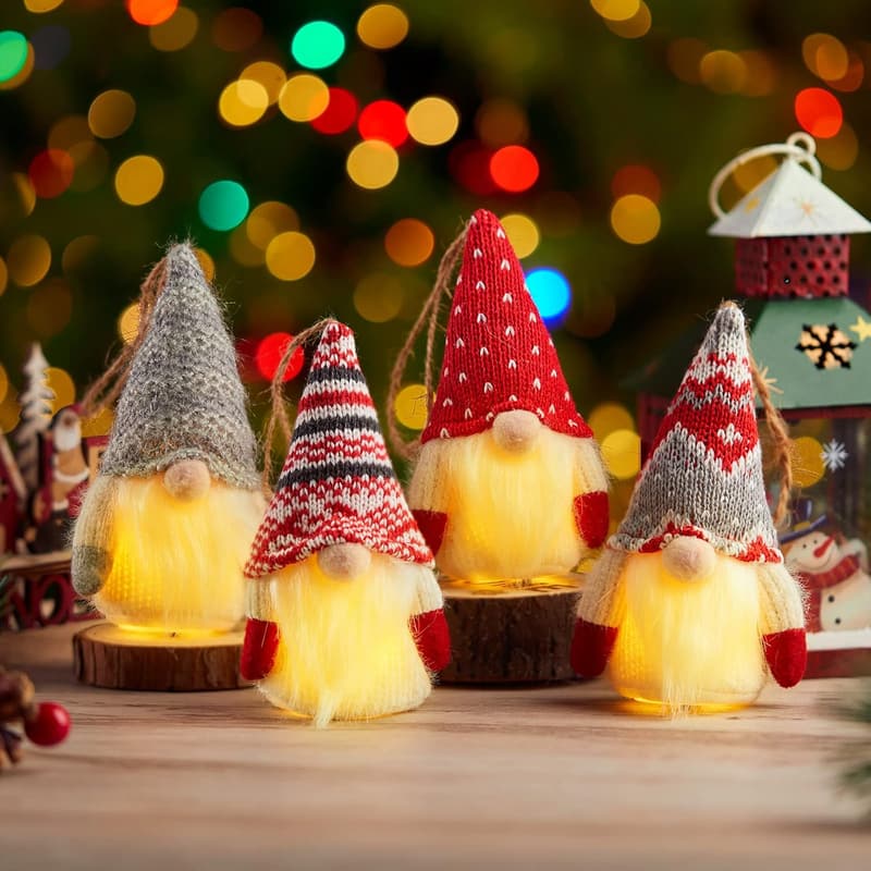 Lighted Gnome Christmas Ornaments - 8 Pack for Coworkers