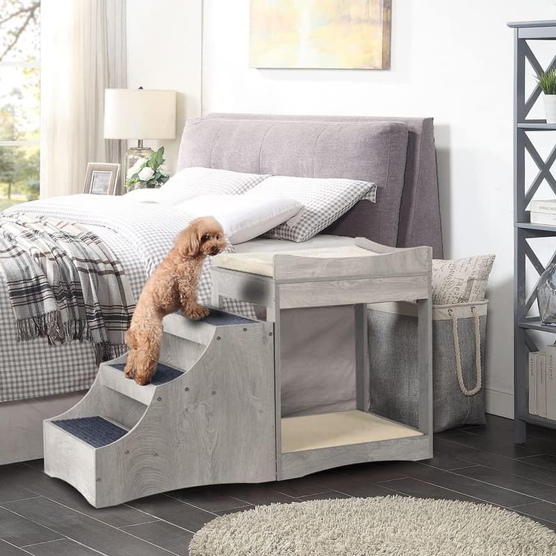 Multi-Level Pet Bunk Bed with Removable Step and Cushion