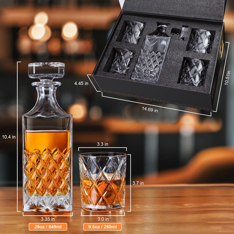Italian Whiskey Decanter Set with 4 Glasses in Gift Box