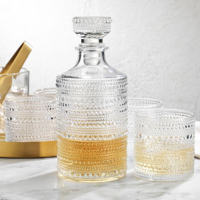 Whiskey Decanter Set with 4 Hobnail Glasses for Men