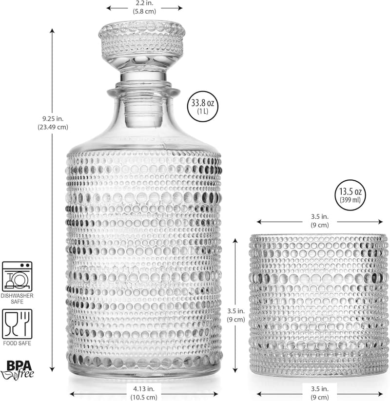 Whiskey Decanter Set with 4 Hobnail Glasses for Men
