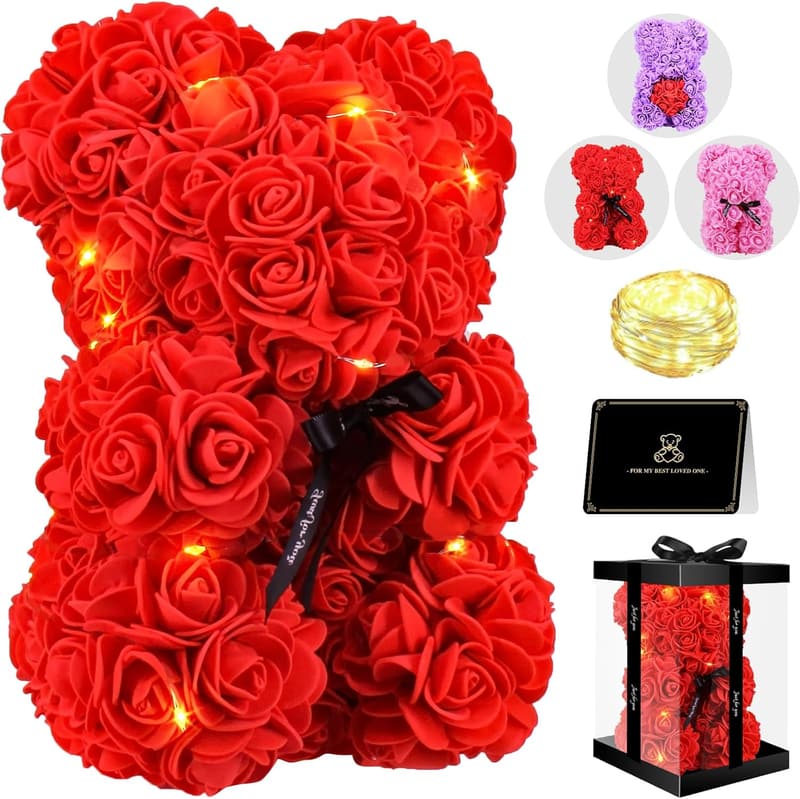 Mother's Day Handmade LED Bear Rose Gift for Her, 9 inch