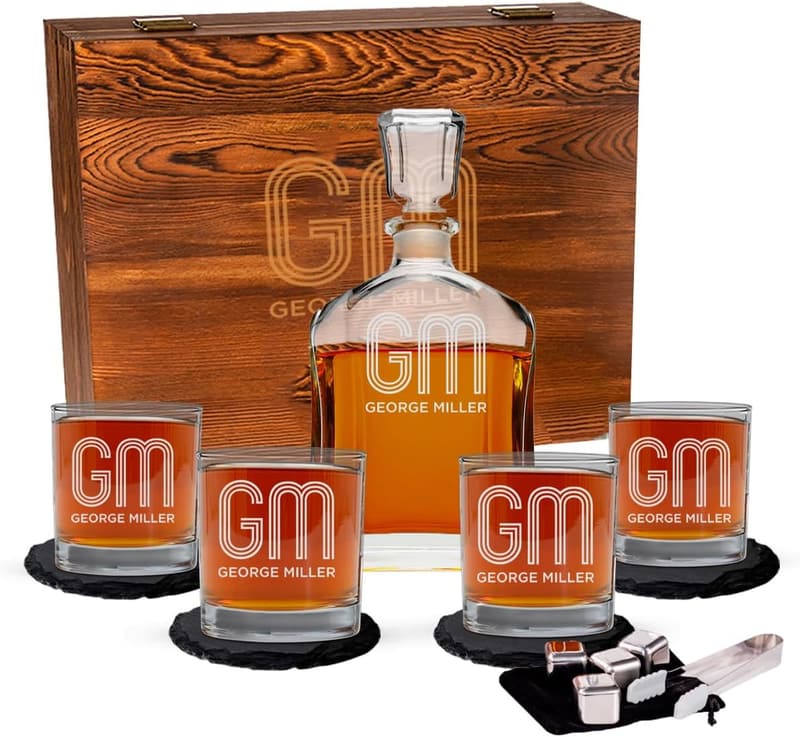 Personalized Whiskey Decanter Set for Men with Glasses & Stones