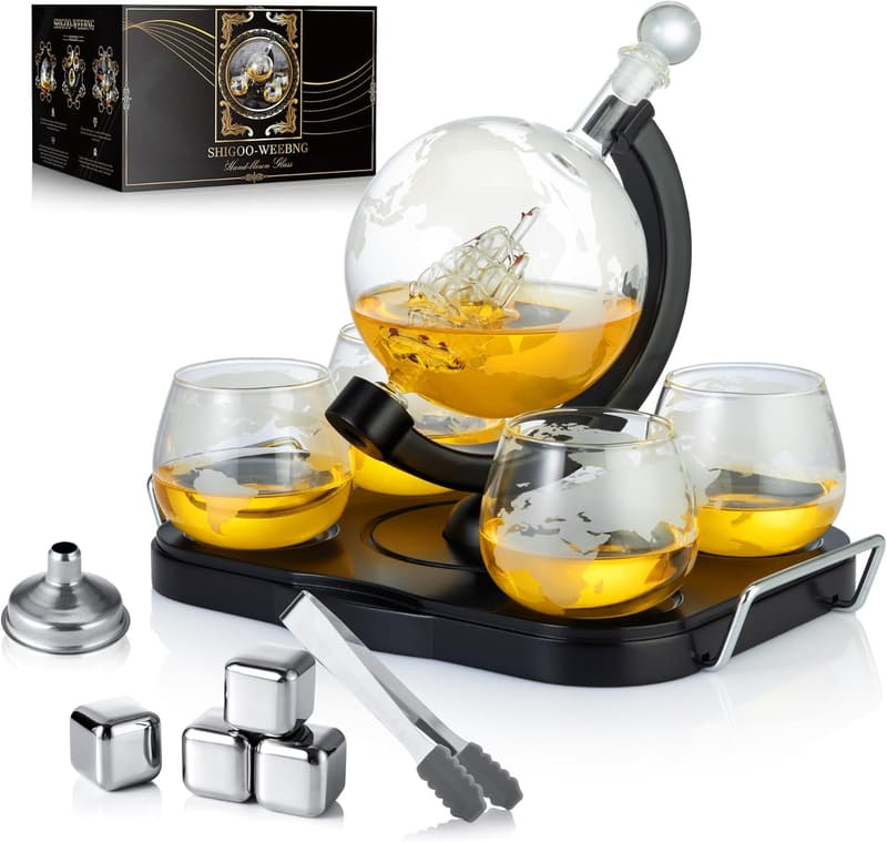 Whiskey Decanter Globe Set with 4 Etched Glasses & Accessories