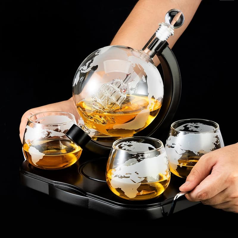 Whiskey Decanter Globe Set with 4 Etched Glasses & Accessories