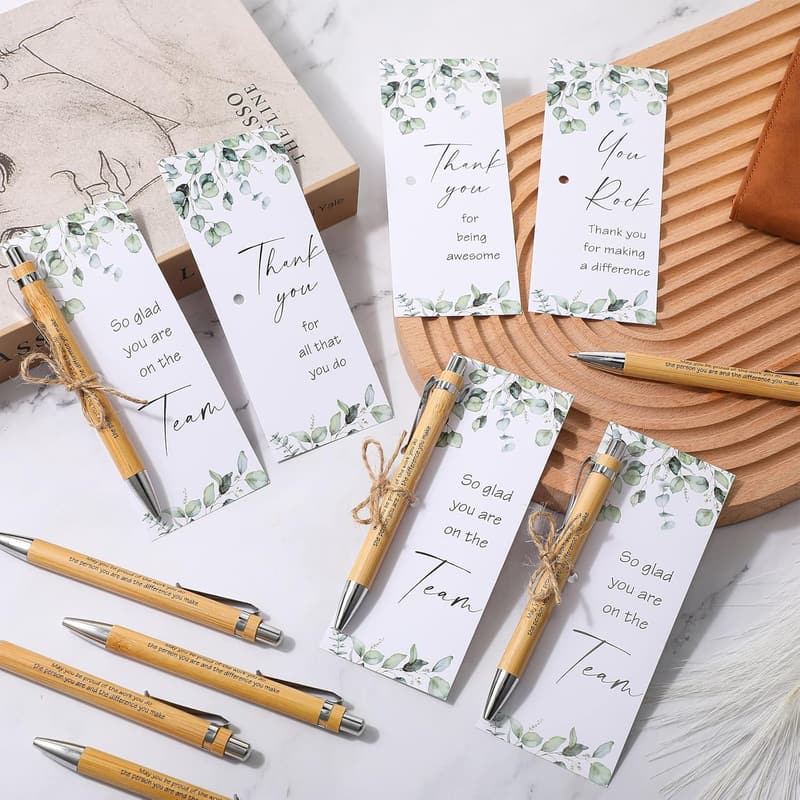 Employee Appreciation Thank You Gift Set - 25 Bamboo Pens & Quote Cards