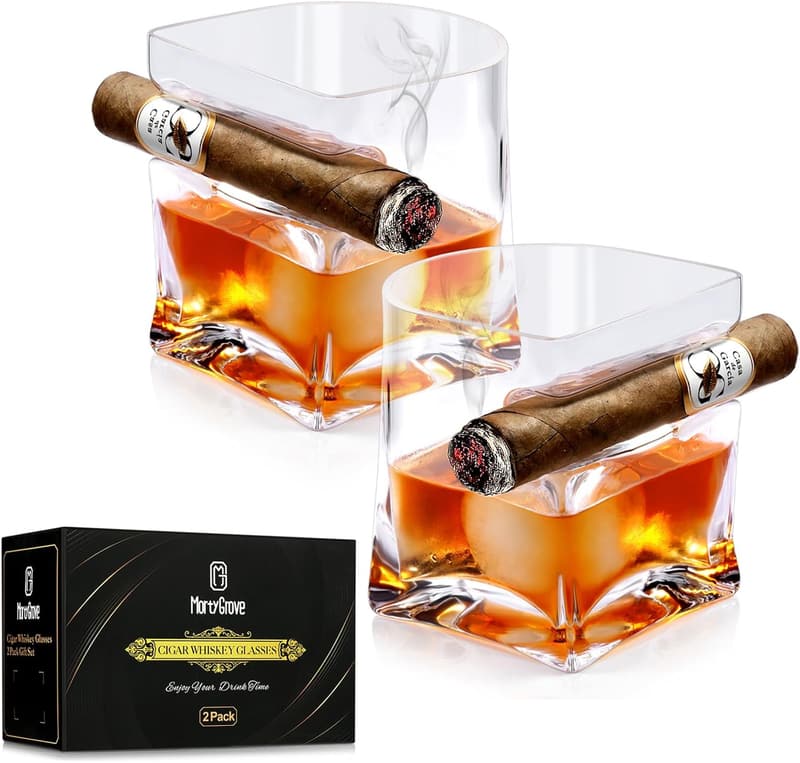 Whiskey Glass Gift Set with Cigar Holder - Set of 2