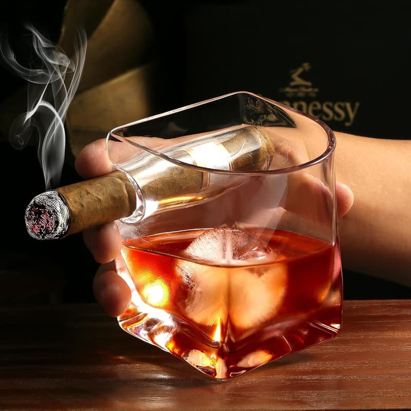 Whiskey Glass Gift Set with Cigar Holder - Set of 2