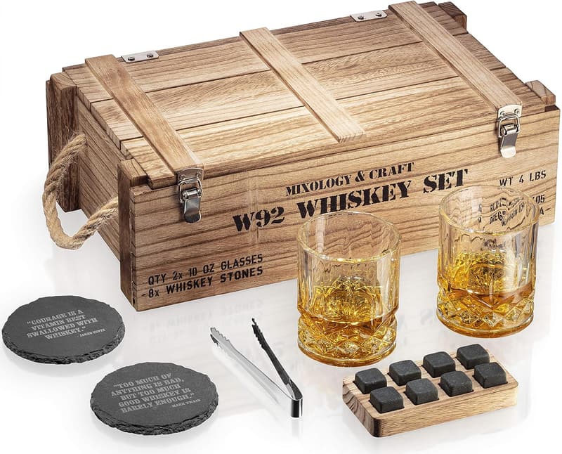 Whiskey Gift Set with Chilling Stones and Glasses for Men