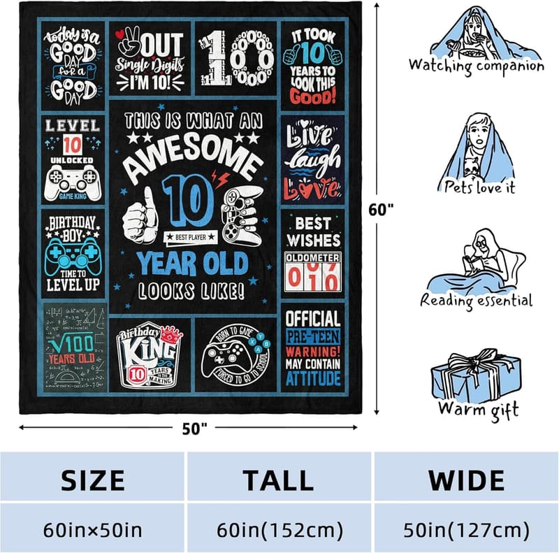 10th Birthday Gift Blanket for Boys, 60x50 Inch