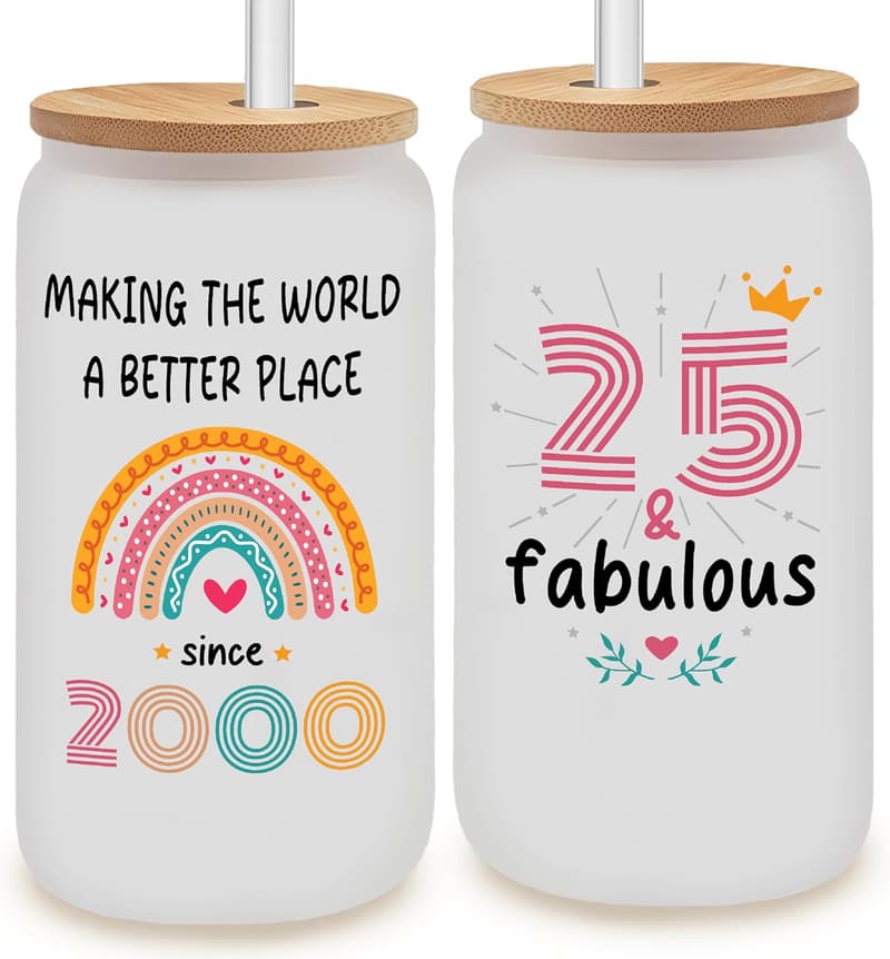 25th Birthday Frosted Glass with Lid and Straw Gift