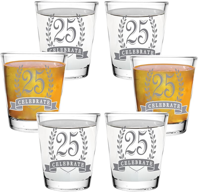 25th Birthday Shot Glass Set - 2oz, Gift Boxed, 6 Pack