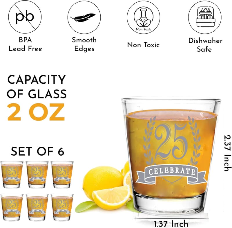 25th Birthday Shot Glass Set - 2oz, Gift Boxed, 6 Pack