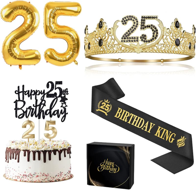 25th Birthday Party Supplies for Men with Crown, Sash, & Balloons