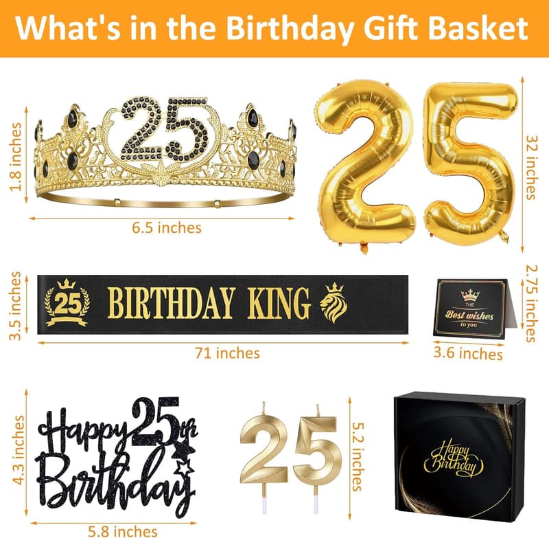 25th Birthday Party Supplies for Men with Crown, Sash, & Balloons
