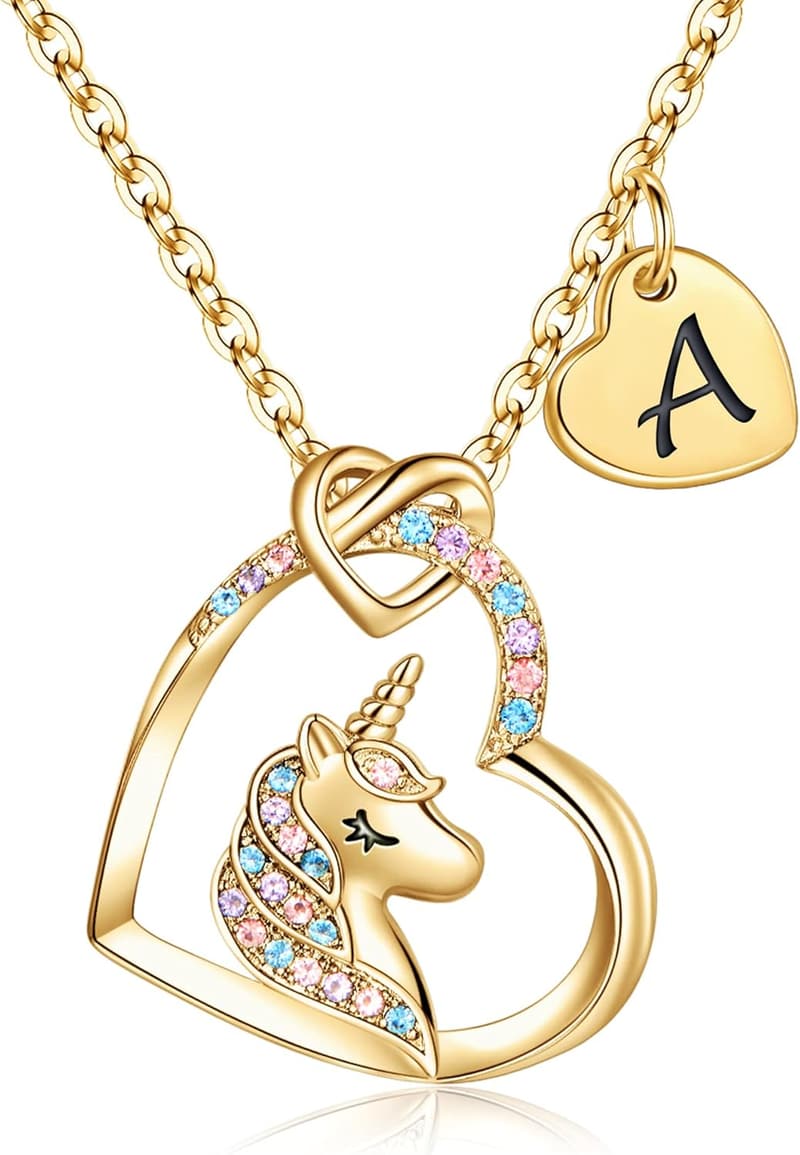 Graduation Unicorn Necklace for Girls - Colorful CZ Initial Pendant
