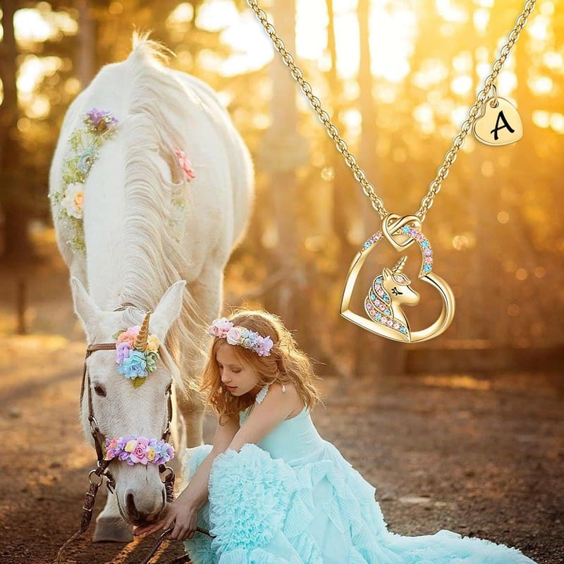 Graduation Unicorn Necklace for Girls - Colorful CZ Initial Pendant