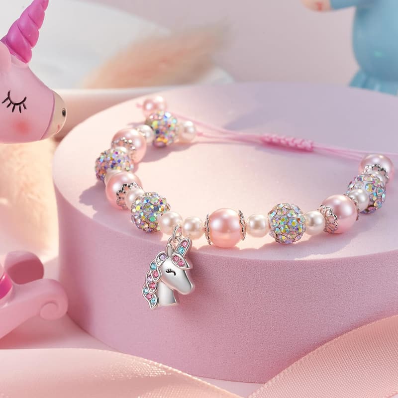 Unicorn Charm Bracelet for Girls - Adjustable Pink Pearl