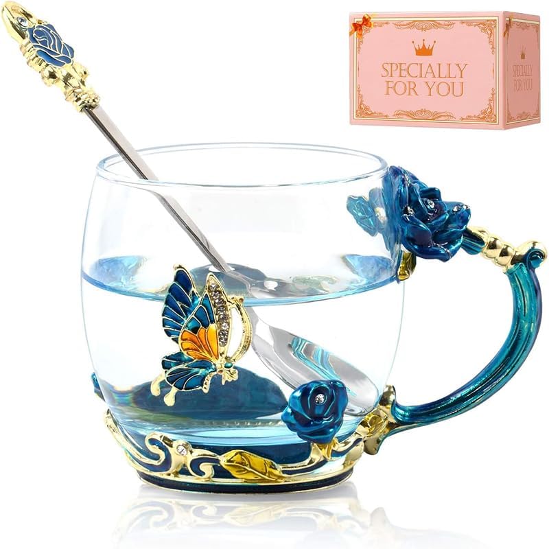 Unique Sky Blue Butterfly Glass Tea Cup for Mom's Birthday