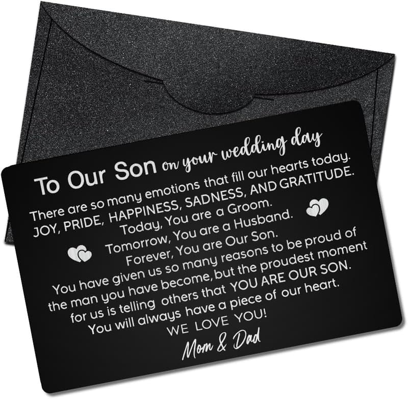 Engraved Black Metal Wallet Card for Son's Wedding Day