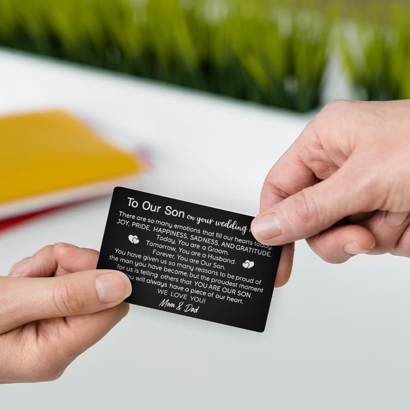 Engraved Black Metal Wallet Card for Son's Wedding Day