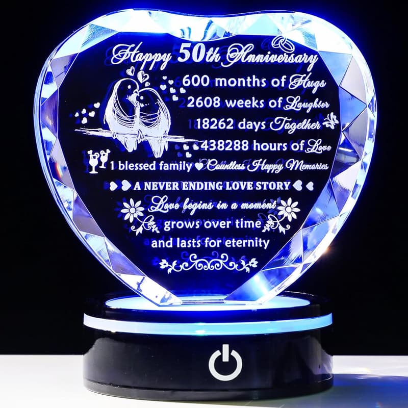 50th Anniversary Laser Engraved Crystal Heart Keepsake