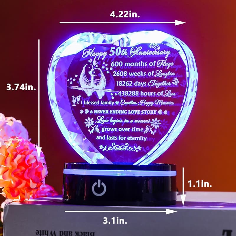 50th Anniversary Laser Engraved Crystal Heart Keepsake