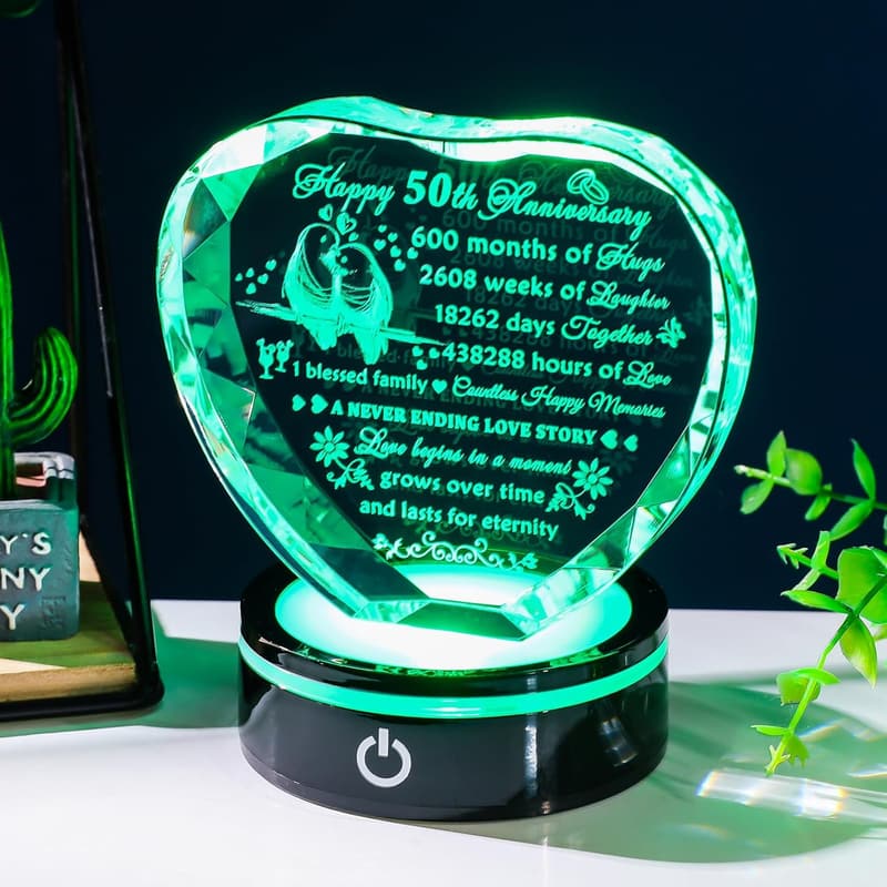 50th Anniversary Laser Engraved Crystal Heart Keepsake