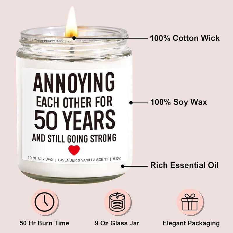 50th Anniversary Candle for Couples - 9 oz Golden Decor