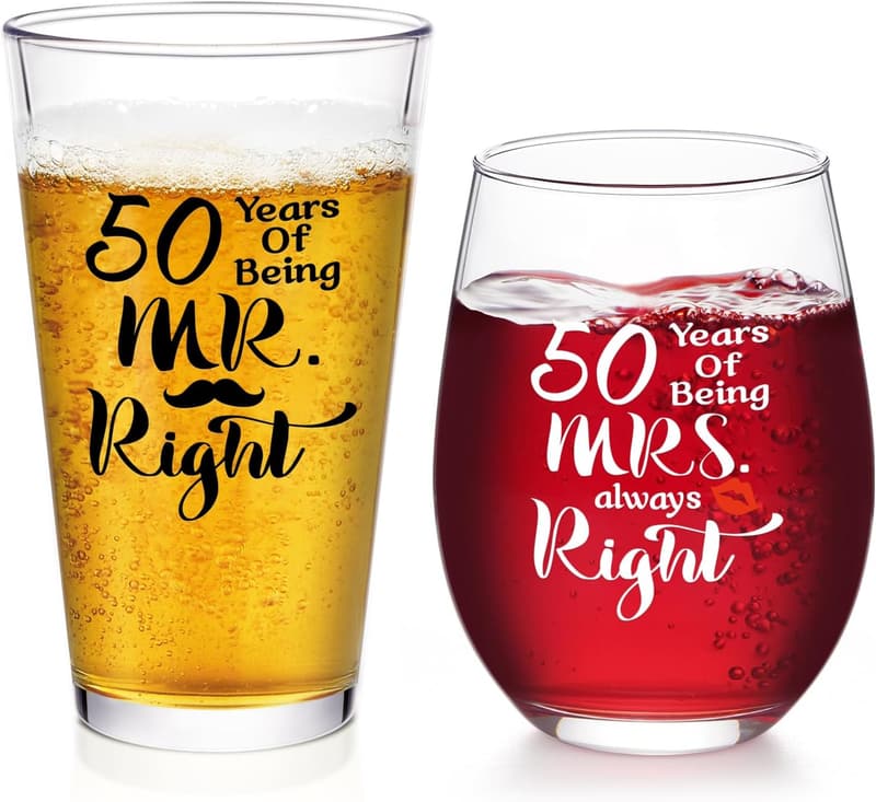 50th Anniversary Glass Set for Couples, 17oz Wine & 15oz Beer Glasses