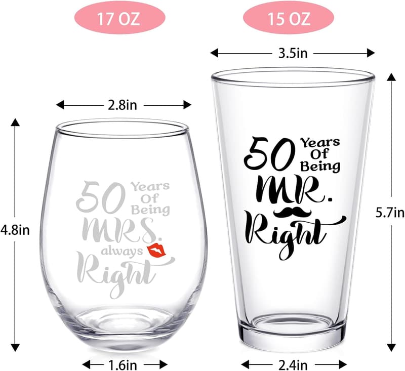 50th Anniversary Glass Set for Couples, 17oz Wine & 15oz Beer Glasses