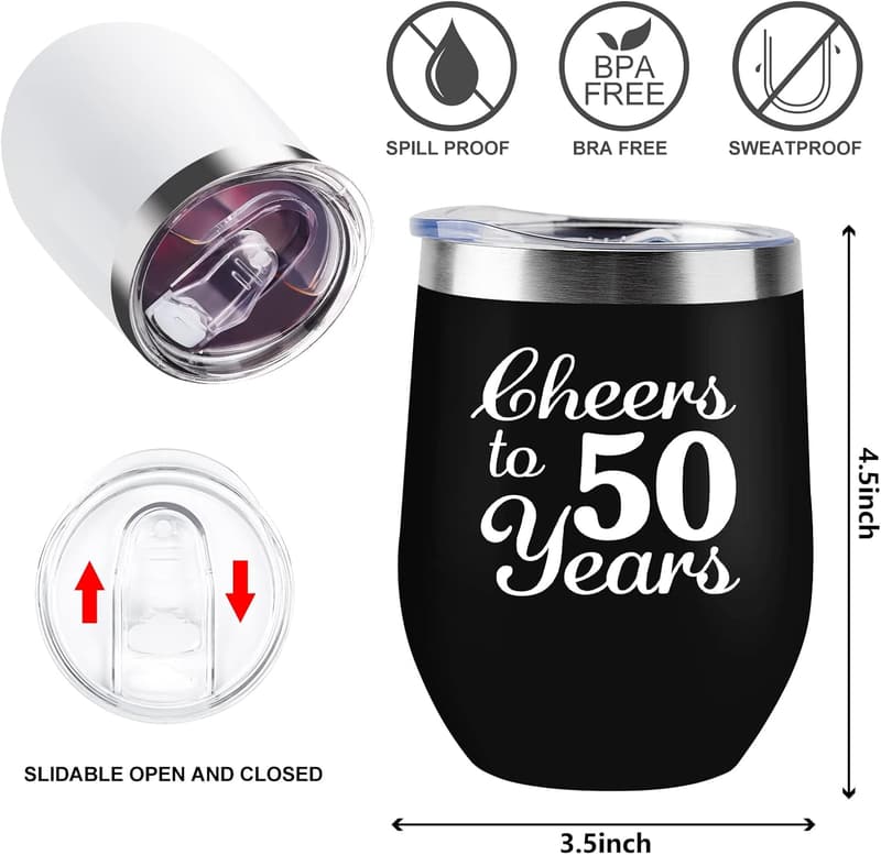 50th Anniversary Wine Tumblers for Couples, 12 oz, Set of 2