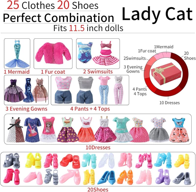 Lady Cat Doll Clothes Set with 25 Outfits and Accessories