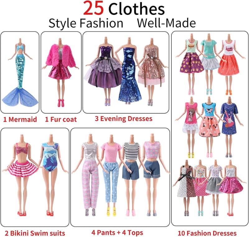 Lady Cat Doll Clothes Set with 25 Outfits and Accessories