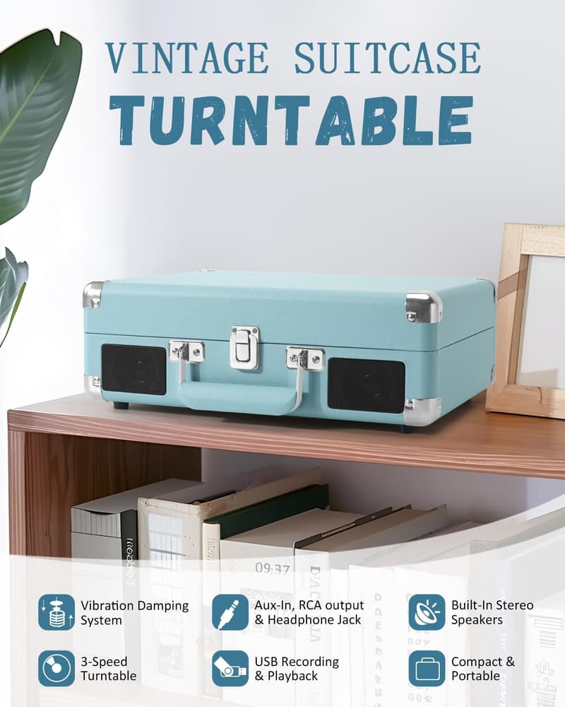 Vintage Portable Bluetooth Record Player with Speakers and 3-Speed Control