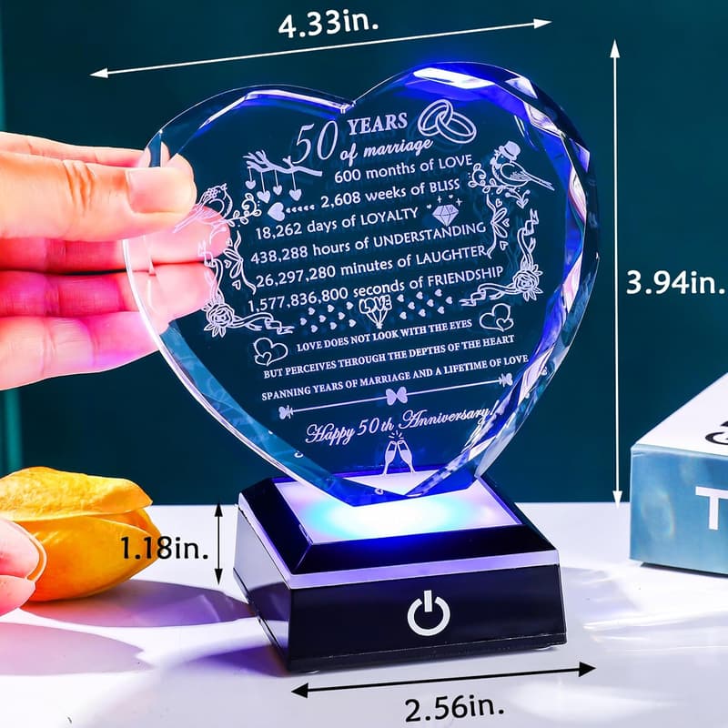 50th Anniversary Heart Crystal Gift with LED Base for Couples