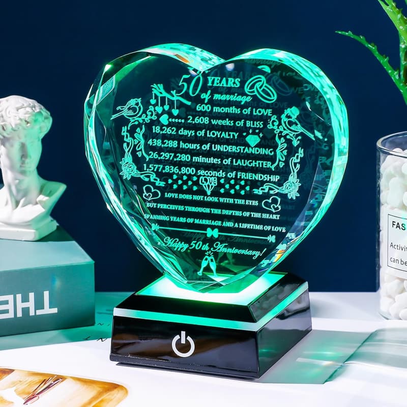 50th Anniversary Heart Crystal Gift with LED Base for Couples