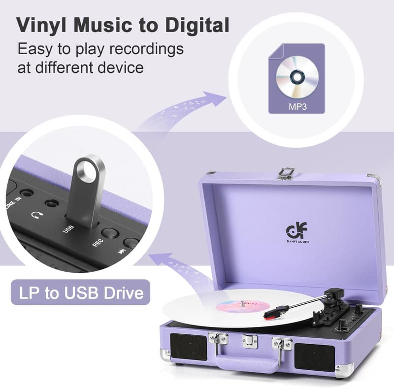 Vintage Purple Bluetooth Vinyl Record Player with USB Recording