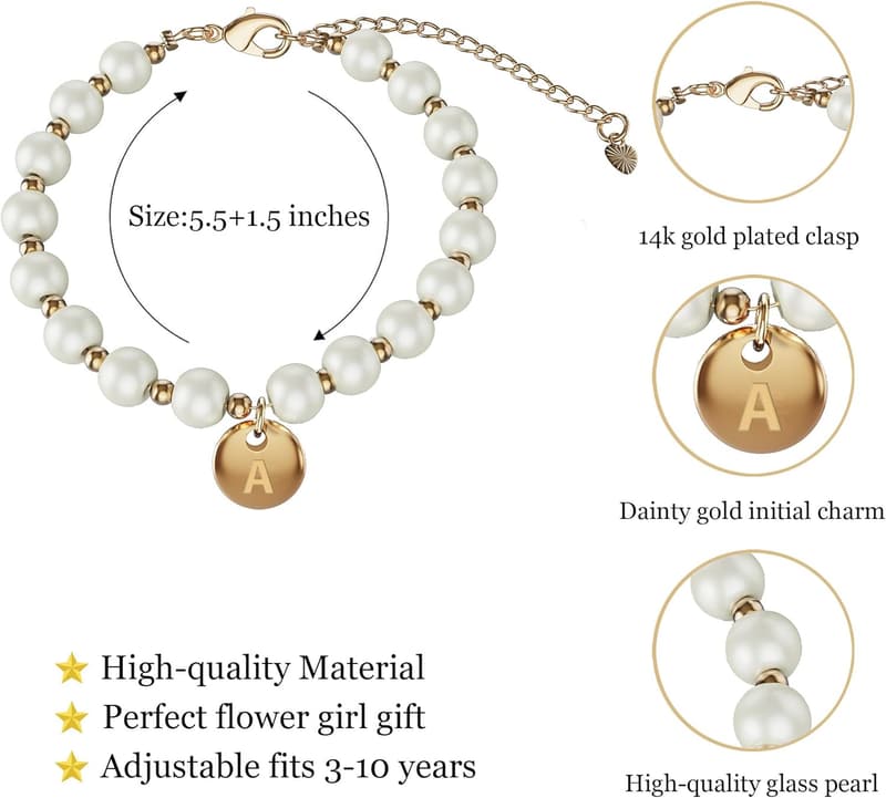 Gold Initial Charm Bracelet for Flower Girl Birthday Gift